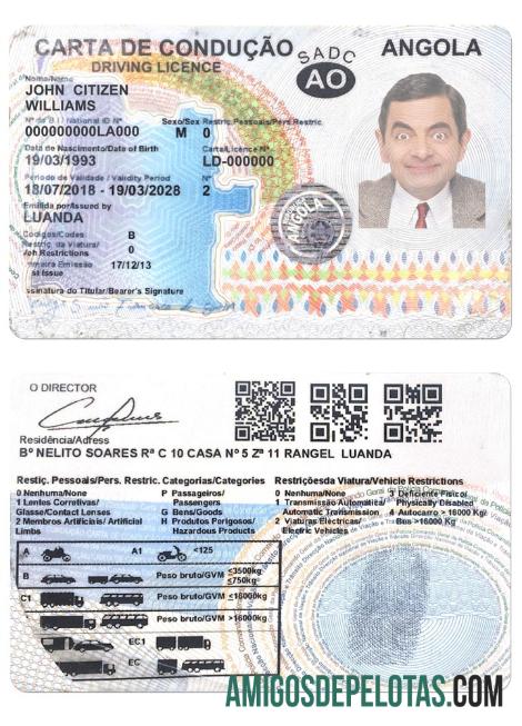 Carta de Condução de Angola 2018 2028 amostra